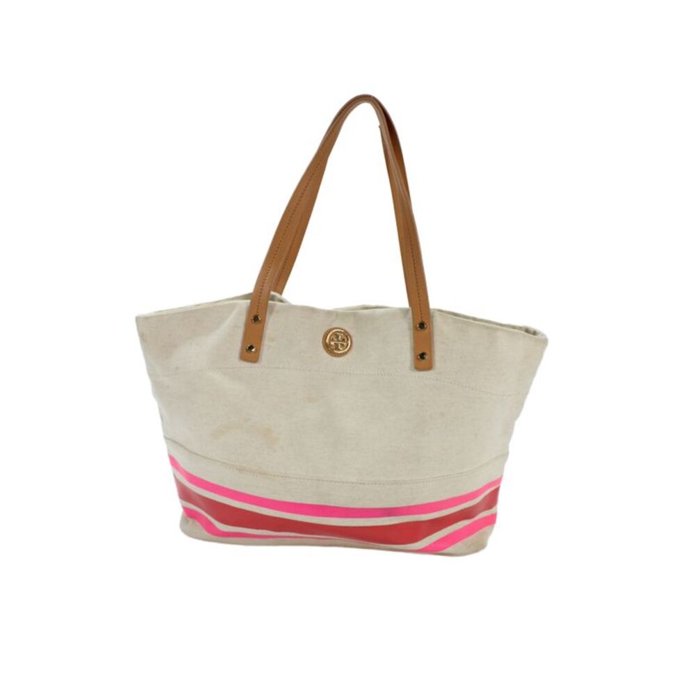 Tory Burch Womens Striped Gold Tone Tote Shoulder Handbag Beige Pink